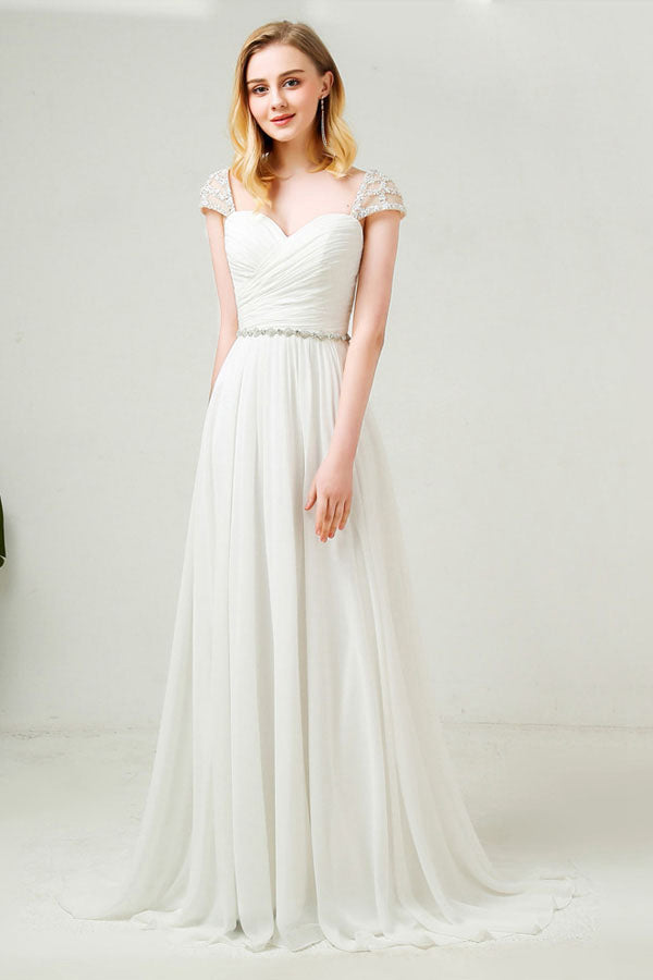 Beaded Cap Sleeves Sweetheart Chiffon Wedding Dresses – Angrila