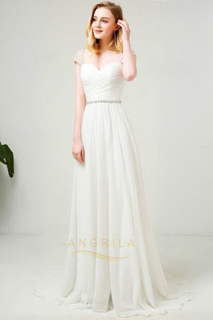 Beaded Cap Sleeves Sweetheart Chiffon Wedding Dresses