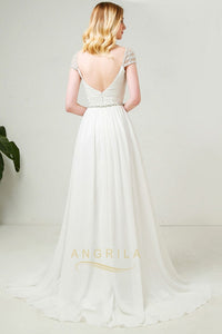 Beaded Cap Sleeves Sweetheart Chiffon Wedding Dresses