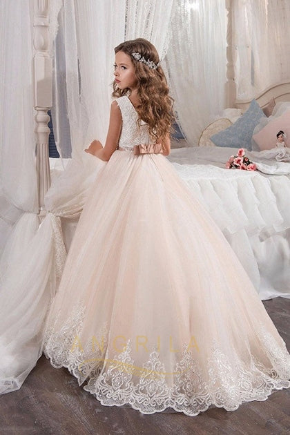 Lace-Trimmed Tulle Ball Gown Flower Girl Dress with Bow Waist