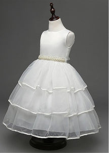 Ball Gown Sleeveless Beading Waistband Sash Layers Tea-length Flower Girl Dresses