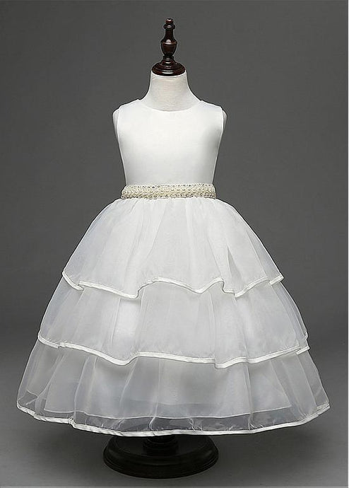 Ball Gown Sleeveless Beading Waistband Sash Layers Tea-length Flower Girl Dresses