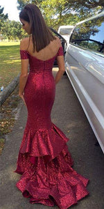 Outstanding Trumpet/Mermaid Off-the-shoulder Flounced Split Long Sequined Prom Dresses