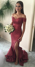 Outstanding Trumpet/Mermaid Off-the-shoulder Flounced Split Long Sequined Prom Dresses