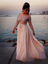 A-line Chiffon Bateau Long Sleeves Beading Floor-length Prom Dresses