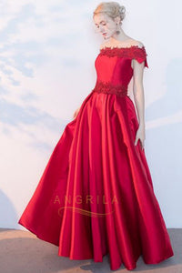 A-line Off-the-shoulder Satin Long Homecoming Dresses