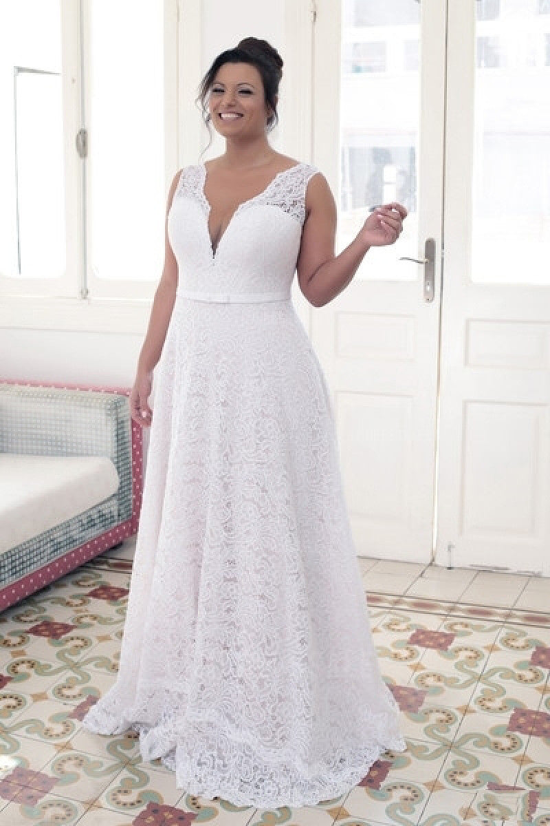 Lace and Tulle A-Line Wedding Dress with V-Back and Court Train