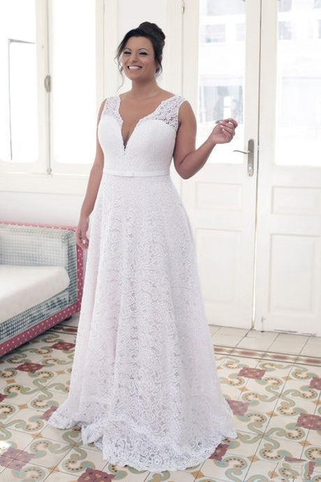 A-Line V-neck Court Train Floor Length Lace Wedding Dress