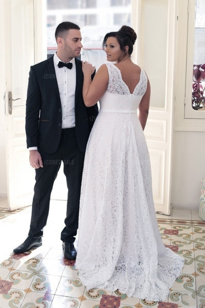 Lace and Tulle A-Line Wedding Dress with V-Back and Court Train