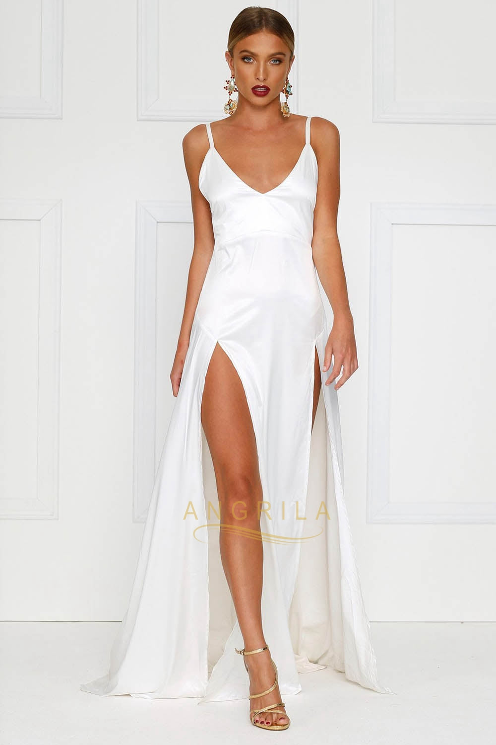 Open-Back Stretch Satin A-Line Wedding Dress with Double Slits