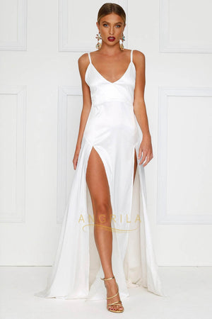 Open-Back Stretch Satin A-Line Wedding Dress with Double Slits