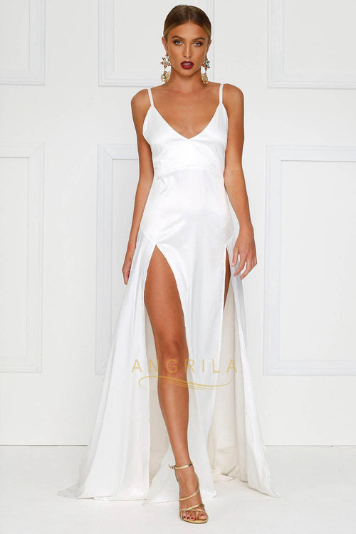 Open-Back Stretch Satin A-Line Wedding Dress with Double Slits
