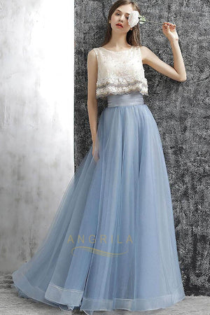 Elegant Tulle Lace Two-Piece Long Prom Dress