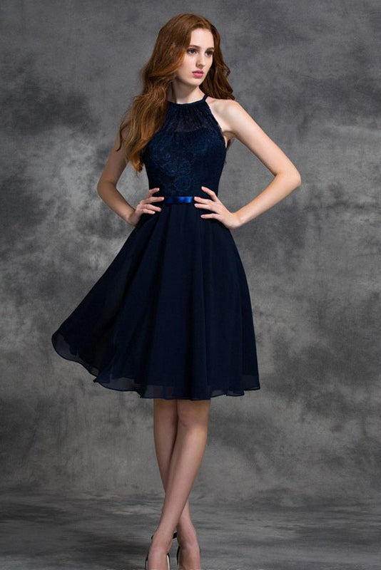 A-line Halter Lace Top Chiffon Short Bridesmaid Dresses Main image