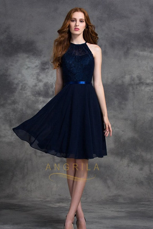 A-line Halter Lace Top Chiffon Short Bridesmaid Dresses