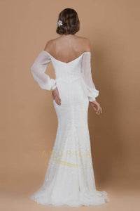 Strapless Embroidered Tulle Wedding Dresses with Silk Georgette Flared Sleeves