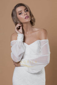 Strapless Embroidered Tulle Wedding Dresses with Silk Georgette Flared Sleeves