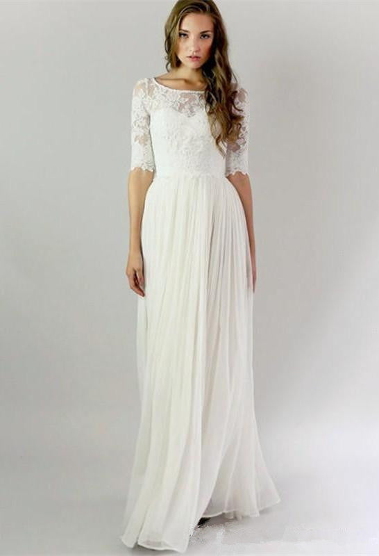 A-line 1/2 Sleeves Covered Button Floor-length Lace & Chiffon Bridal Wedding Dresses Main image