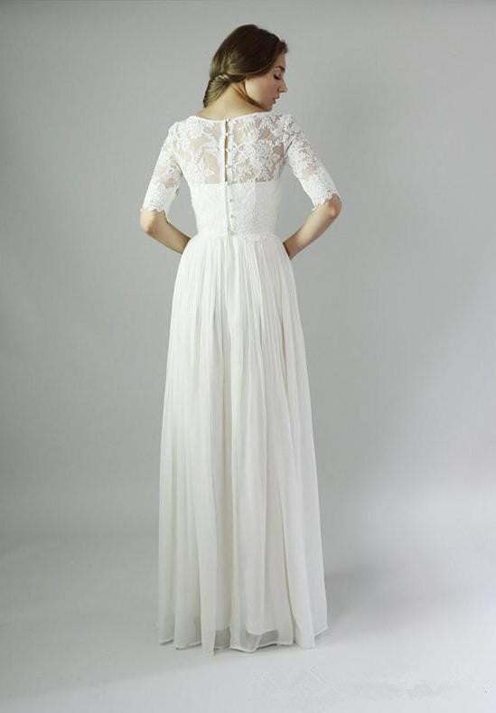 Elbow-Sleeve Lace and Chiffon A-Line Wedding Dress