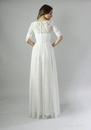 Ivory Elbow-Sleeve Lace and Chiffon A-Line Wedding Dress