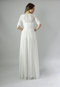 A-line 1/2 Sleeves Covered Button Floor-length Lace & Chiffon Bridal Wedding Dresses