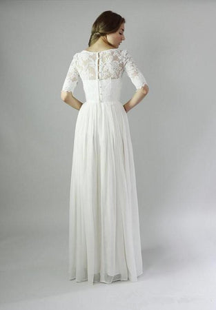 A-line 1/2 Sleeves Covered Button Floor-length Lace & Chiffon Bridal Wedding Dresses