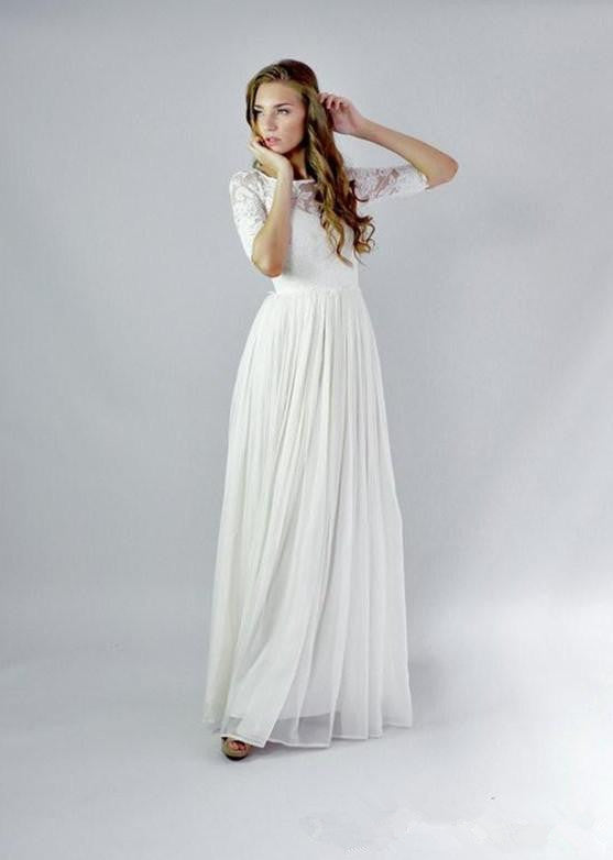 Elbow-Sleeve Lace and Chiffon A-Line Wedding Dress