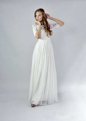 Ivory Elbow-Sleeve Lace and Chiffon A-Line Wedding Dress