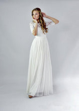 A-line 1/2 Sleeves Covered Button Floor-length Lace & Chiffon Bridal Wedding Dresses