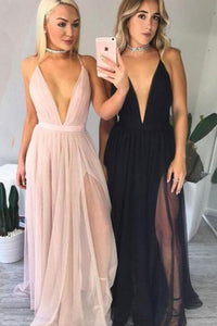 Sexy A-line Deep V-neck Criss-Cross Backless Straps Long and Tulle Prom Dresses with Slit