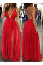 Sexy A-line Deep V-neck Criss-Cross Backless Straps Long and Tulle Prom Dresses with Slit