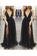 Sexy A-line Deep V-neck Criss-Cross Backless Straps Long and Tulle Prom Dresses with Slit