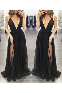 Sexy A-line Deep V-neck Criss-Cross Backless Straps Long and Tulle Prom Dresses with Slit