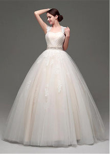 Ball Gown Sleeveless Beading Waistband Lace Applique Long Wedding Dresses