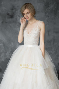 Champagne Soft Tulle & Lace Wedding Dresses with Illusion Straps