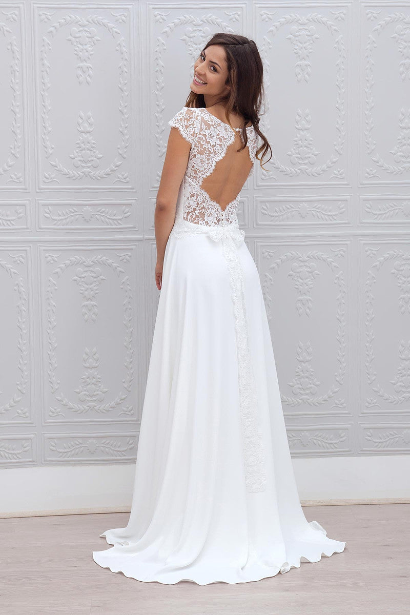 lace cap sleeve open back wedding dress V-neck Cap Sleeves Sweep Train Backless Wedding Dress With Sash US6 / White