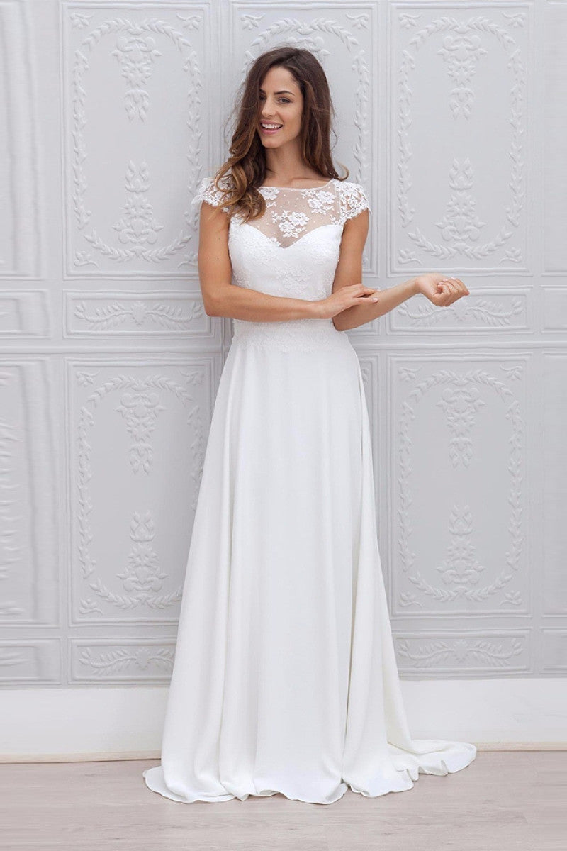 A-Line Cap Sleeves Open Back Lace Chiffon Bridal Wedding Dresses with Sweep Train Main image
