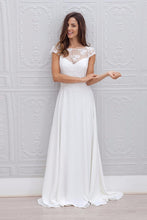 A-Line Cap Sleeves Open Back Lace Chiffon Bridal Wedding Dresses with Sweep Train
