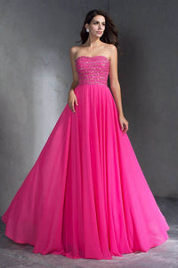 Modest Strapless Open Back Long Chiffon Prom Dresses