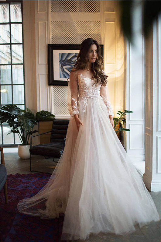 Fairytale Long Sleeves V-Neck Tulle Wedding Dresses