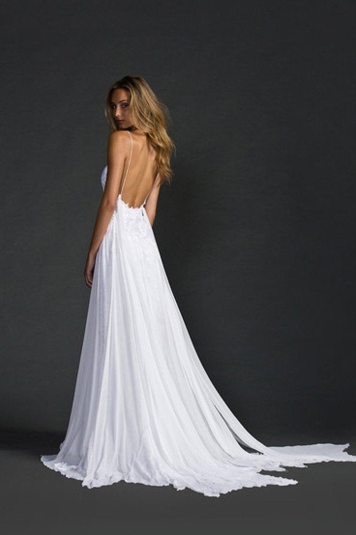Open-Back Lace and Chiffon A-Line Wedding Dress with Train