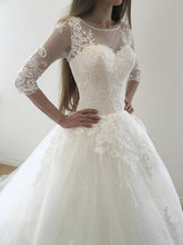 Ball Gown 3/4 Sleeves Lace Appliques Lace-up Long Wedding Dresses with Sweep Train