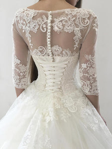 Ball Gown 3/4 Sleeves Lace Appliques Lace-up Long Wedding Dresses with Sweep Train