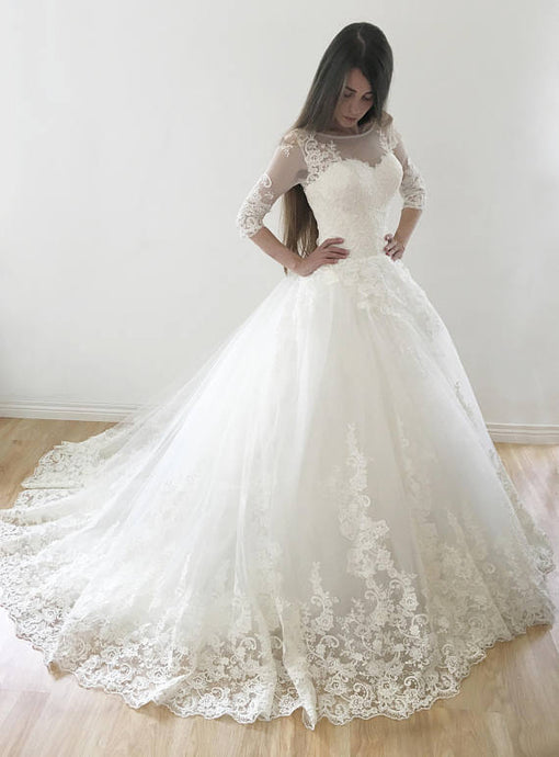 Ball Gown 3/4 Sleeves Lace Appliques Lace-up Long Wedding Dresses with Sweep Train