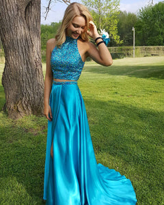 Two-Piece A-line High Neck Beading Sweep Train Satin Prom Dresses