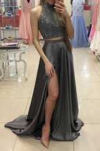 Two-Piece A-line High Neck Beading Sweep Train Satin Prom Dresses