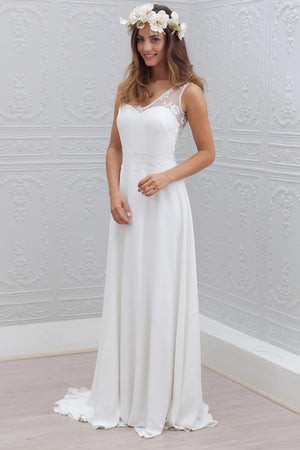 White Illusion-Back Lace and Chiffon A-Line Wedding Dress