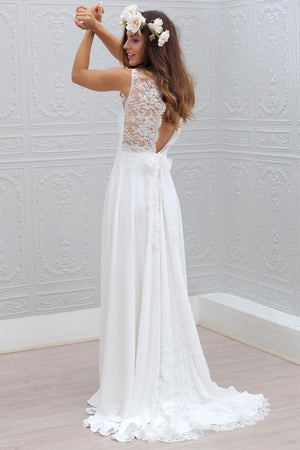 White Illusion-Back Lace and Chiffon A-Line Wedding Dress