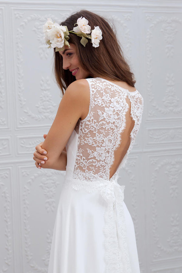 White Illusion-Back Lace and Chiffon A-Line Wedding Dress