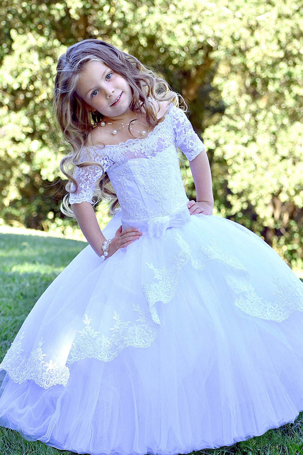 Lace-Up Off-the-Shoulder Ball Gown Flower Girl Dresses with Bow